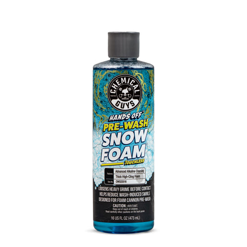 A bottle of Chemical Guys Hands Off Pre-Wash Snow Foam Concentrate, 16 fl oz, featuring a blue and black label with yellow and white text, on a solid white background.