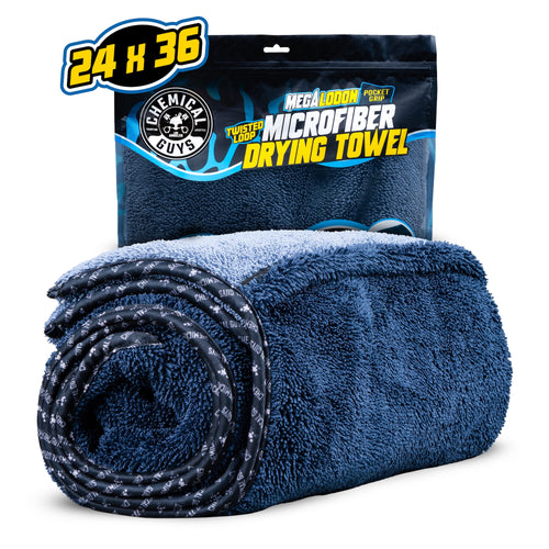 Megalodon Pocket Grip Twisted Loop Microfiber Drying Towel rolled up in front of retail packaging, 24 x 36 inches