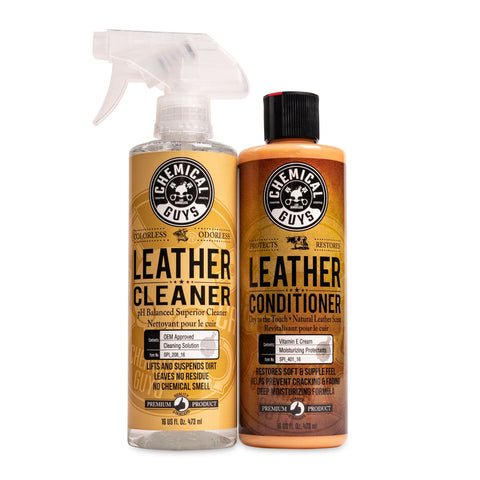 Chemical Guys leather cleaner and conditioner care kit bottles