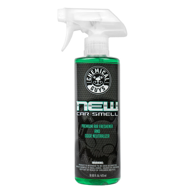 A 16 oz spray bottle of Chemical Guys New Car Smell Premium Air Freshener and Odor Neutralizer, featuring a black label with green and white text, a clear trigger spray top, and green liquid visible at the top and bottom.