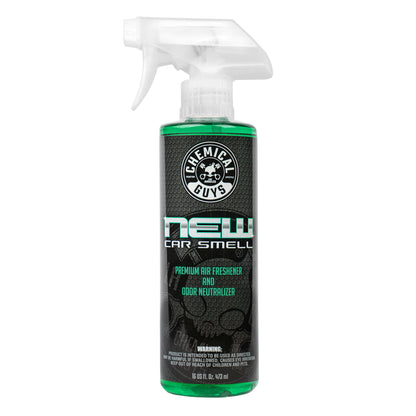 A 16 oz spray bottle of Chemical Guys New Car Smell Premium Air Freshener and Odor Neutralizer, featuring a black label with green and white text, a clear trigger spray top, and green liquid visible at the top and bottom.