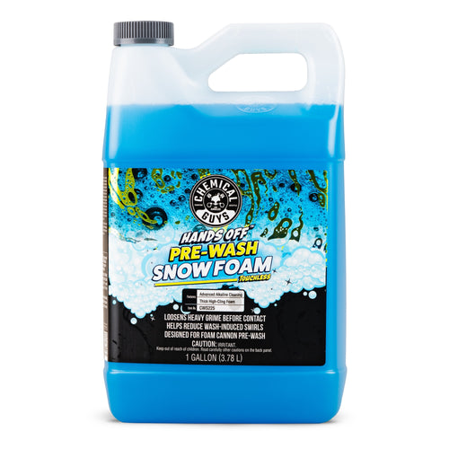 1 gallon jug of Chemical Guys Hands Off Touchless Pre-Wash Snow Foam, blue liquid with black and blue label