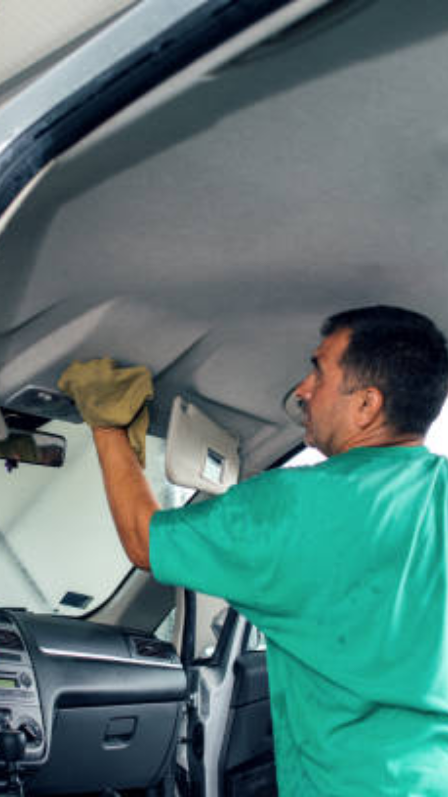 Gently apply headliner cleaner to your car ceiling with a microfiber towel for stain removal