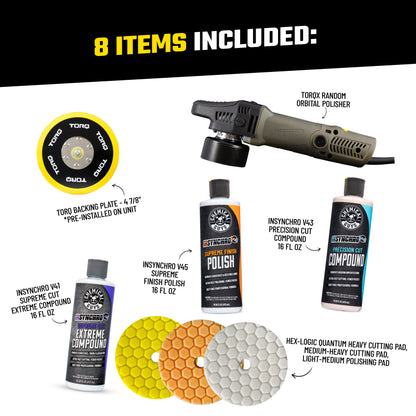 InSynchro Advanced Correction Kit - 8 items included: TORQX Random Orbital Polisher, TORQ backing plate, InSynchro V41 supreme cut extreme compound, V43 precision cut compound, V45 supreme finish polish, and hex-logic quantum cutting and polishing pads