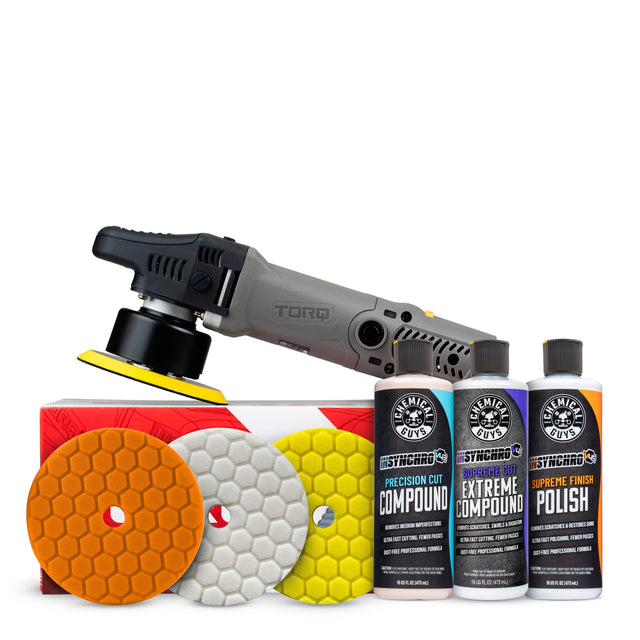 TORQX Random Orbital Polisher with yellow hex-logic pad, shown with three bottles of InSynchro compound and polish, and orange, white, and yellow hex-logic pads on retail box