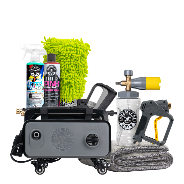 Pressure Wash and Dry Complete Kit bundle - ProFlow PM2000 electric pressure washer with foam cannon, After Wash and Mr. Pink foam party spray bottles, Woolly Mammoth drying towel, and TORQ Snubby gun