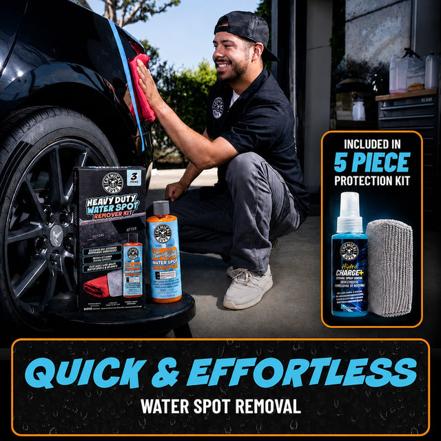 Man wiping car with Heavy Duty Water Spot Remover Kit and included 5 piece protection kit items - quick and effortless water spot removal