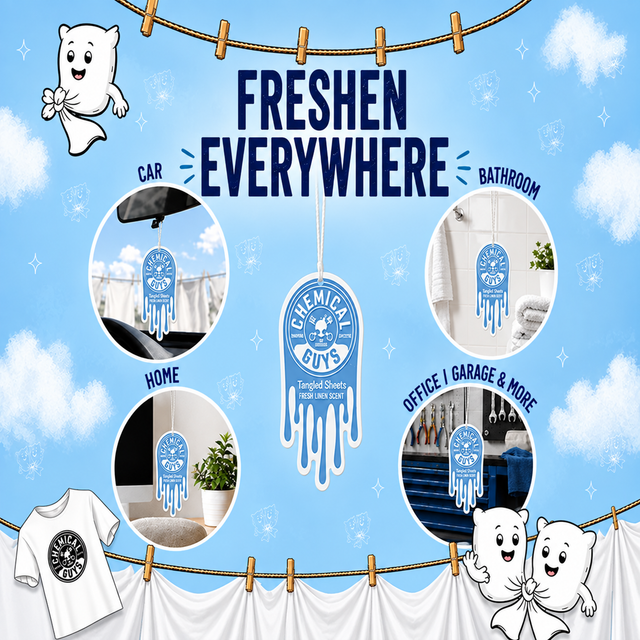 Tangled Sheets Hanging Air Freshener promotional graphic - freshen everywhere: car, bathroom, home, office, garage and more